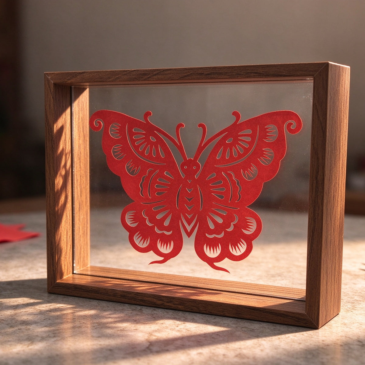Framed Red Butterfly Paper Cutting — Hand-Cut Chinese Papercut Art in Crimson Xuan Paper