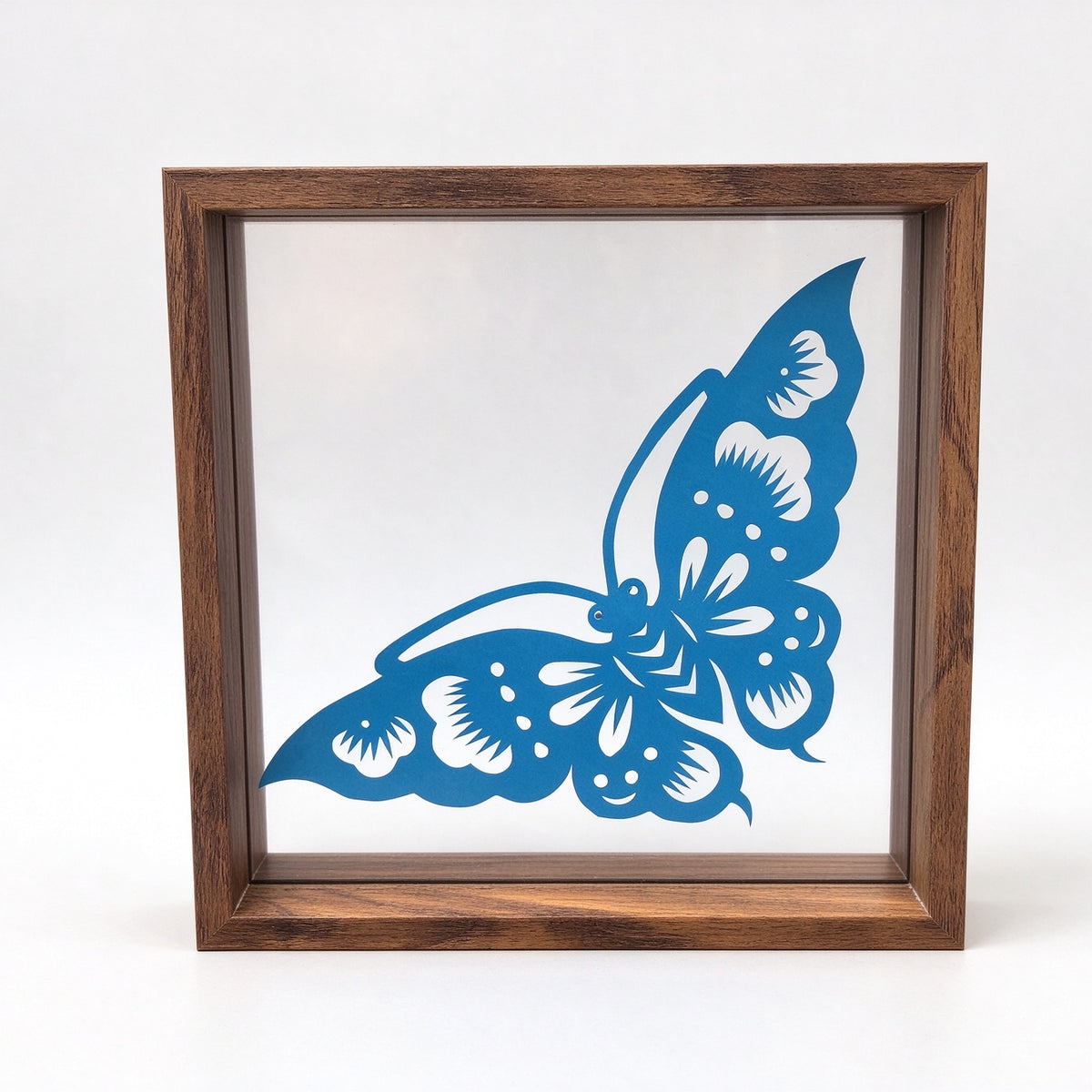 Framed Blue Butterfly Paper Cutting — Hand-Cut Chinese Papercut Art in Crimson Xuan Paper
