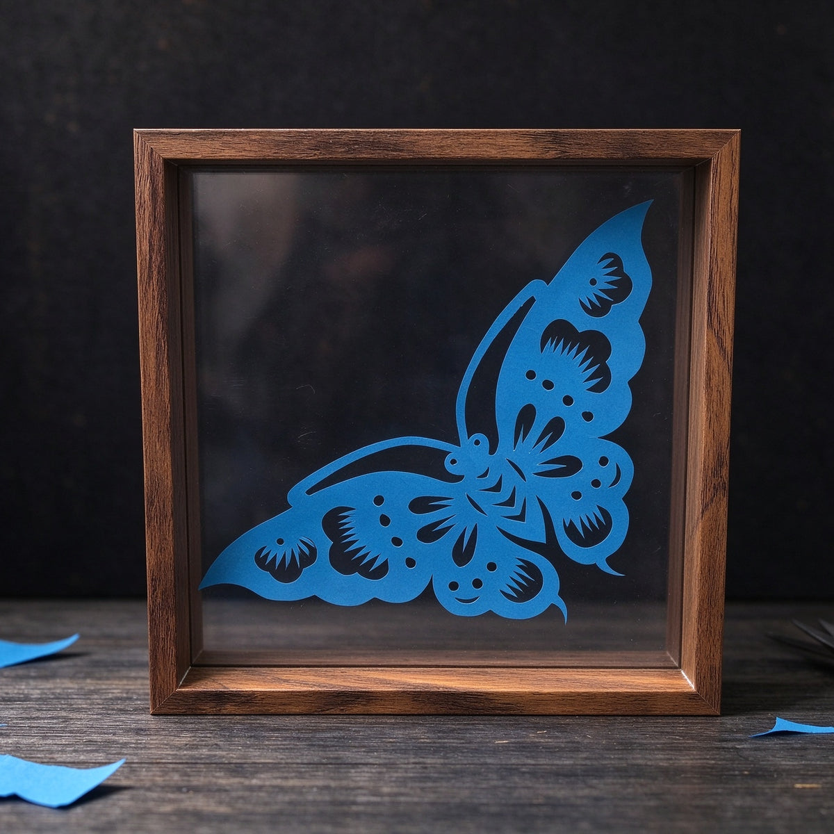 Framed Blue Butterfly Paper Cutting — Hand-Cut Chinese Papercut Art in Crimson Xuan Paper