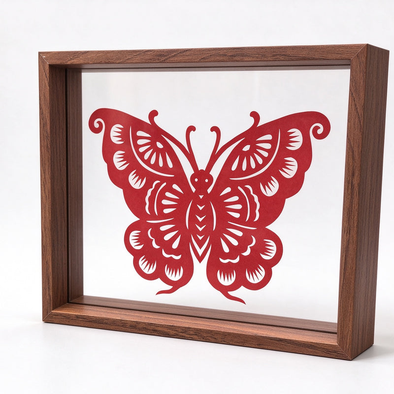 Framed Red Butterfly Paper Cutting — Hand-Cut Chinese Papercut Art in Crimson Xuan Paper