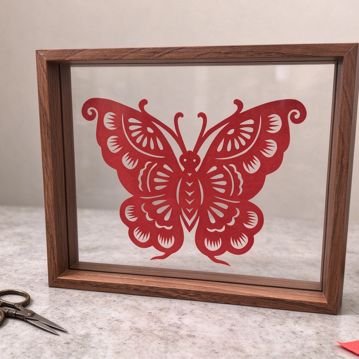 Framed Red Butterfly Paper Cutting — Hand-Cut Chinese Papercut Art in Crimson Xuan Paper
