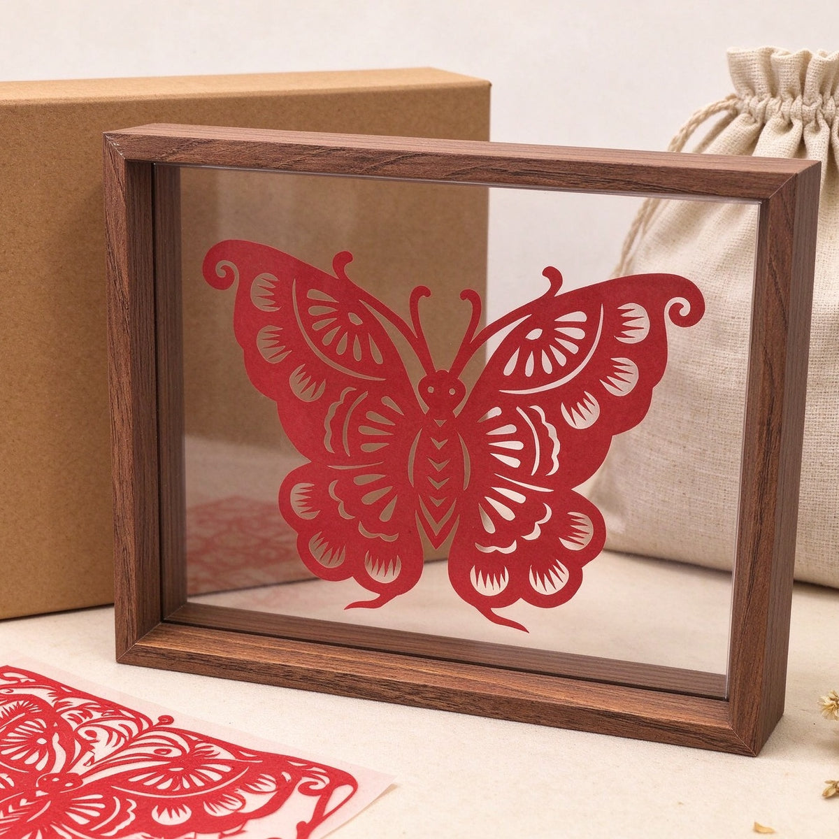 Framed Red Butterfly Paper Cutting — Hand-Cut Chinese Papercut Art in Crimson Xuan Paper