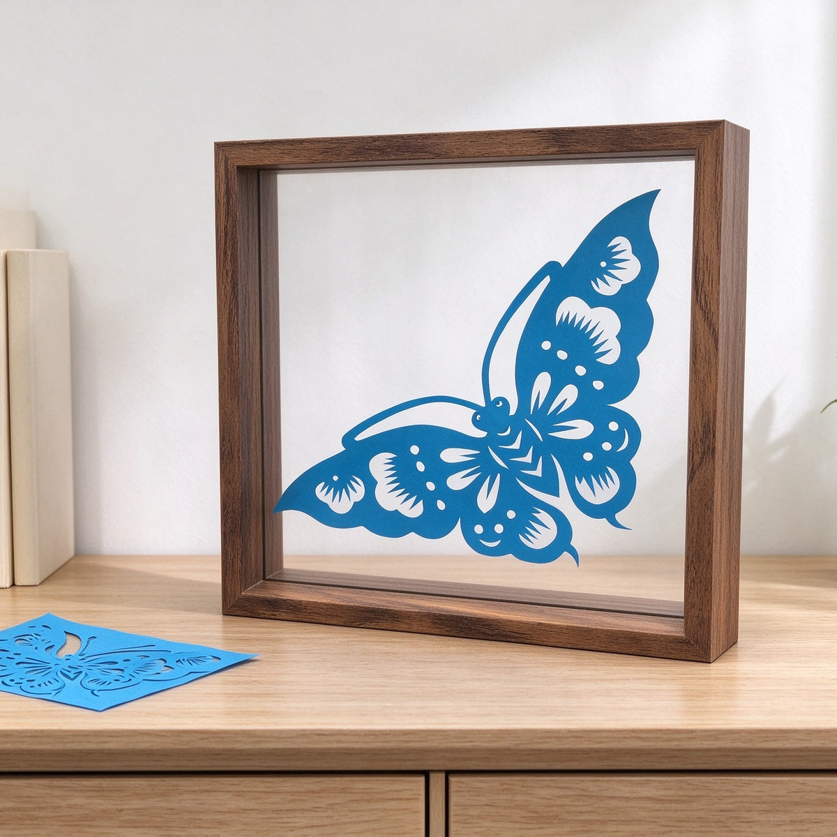Framed Blue Butterfly Paper Cutting — Hand-Cut Chinese Papercut Art in Crimson Xuan Paper