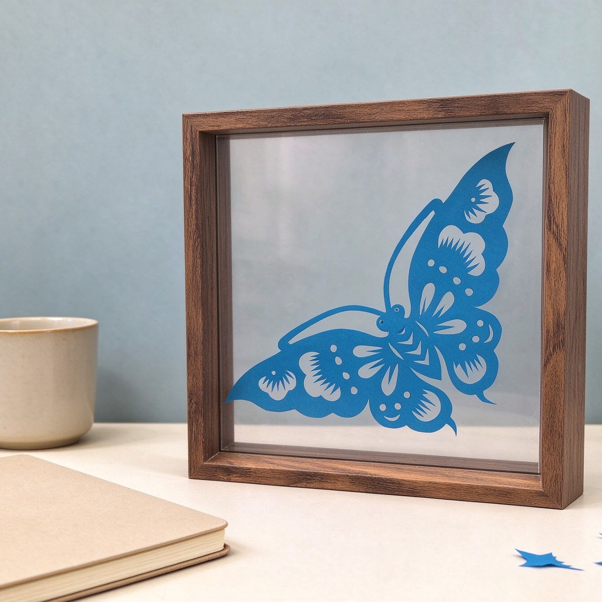 Framed Blue Butterfly Paper Cutting — Hand-Cut Chinese Papercut Art in Crimson Xuan Paper