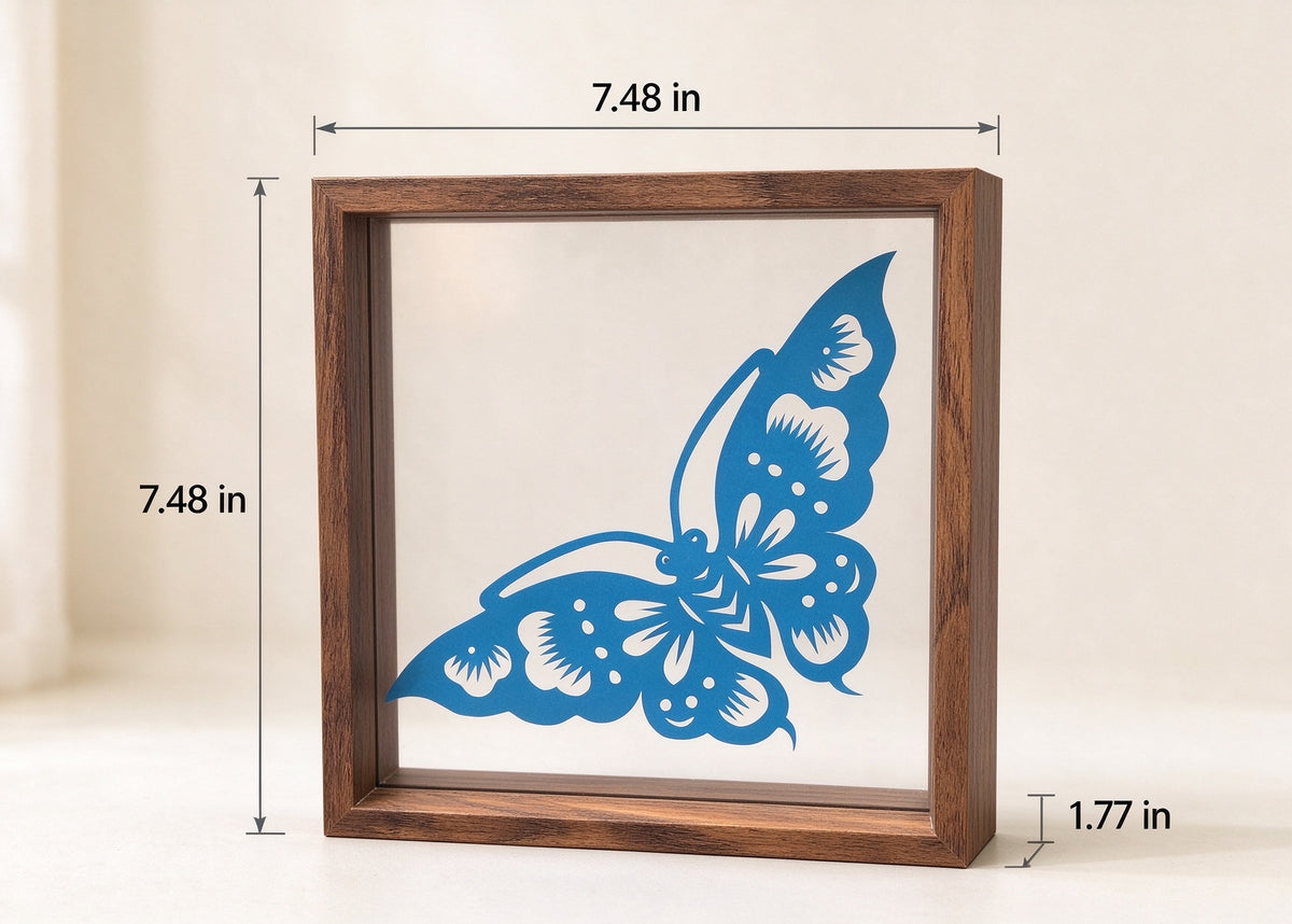 Framed Blue Butterfly Paper Cutting — Hand-Cut Chinese Papercut Art in Crimson Xuan Paper