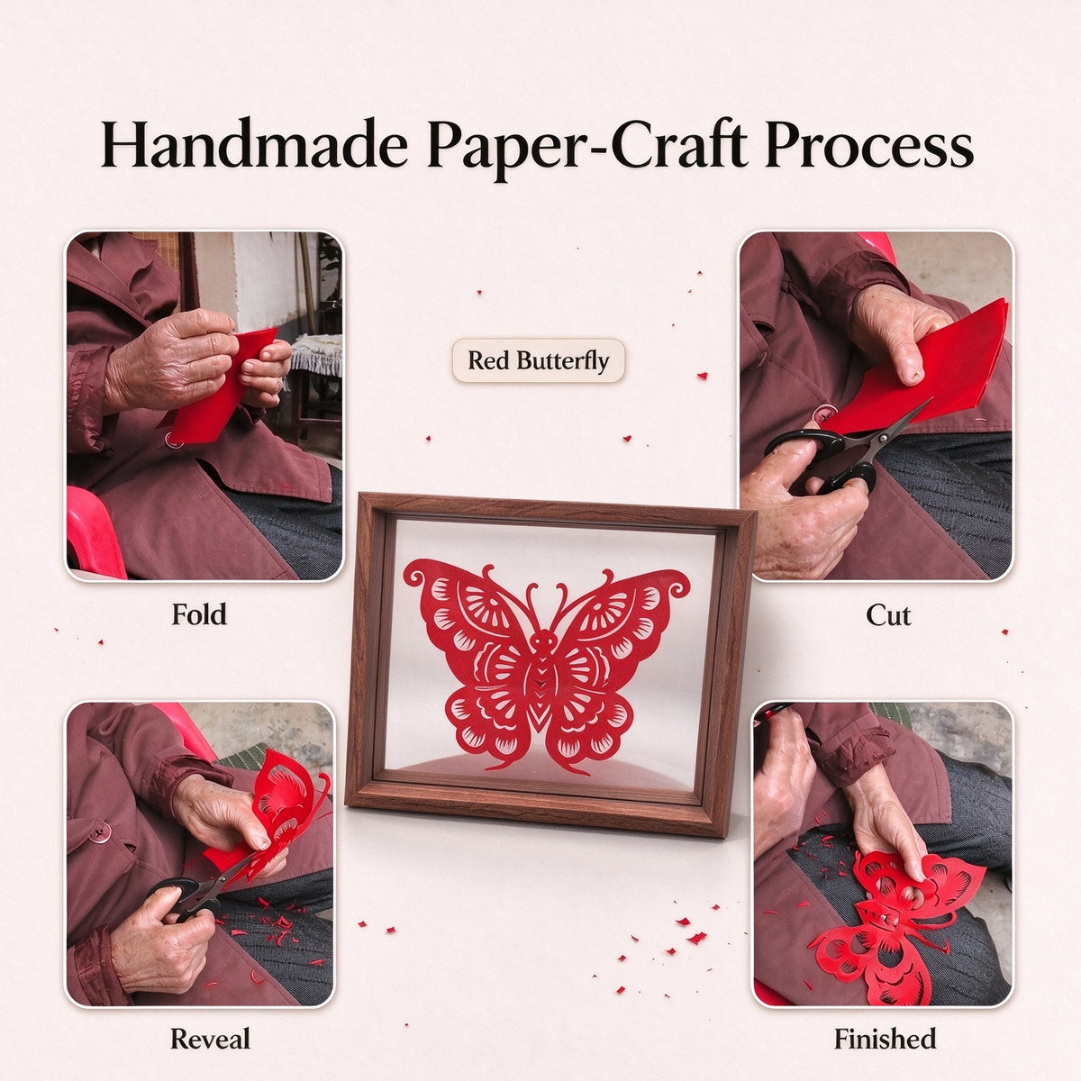 Framed Red Butterfly Paper Cutting — Hand-Cut Chinese Papercut Art in Crimson Xuan Paper