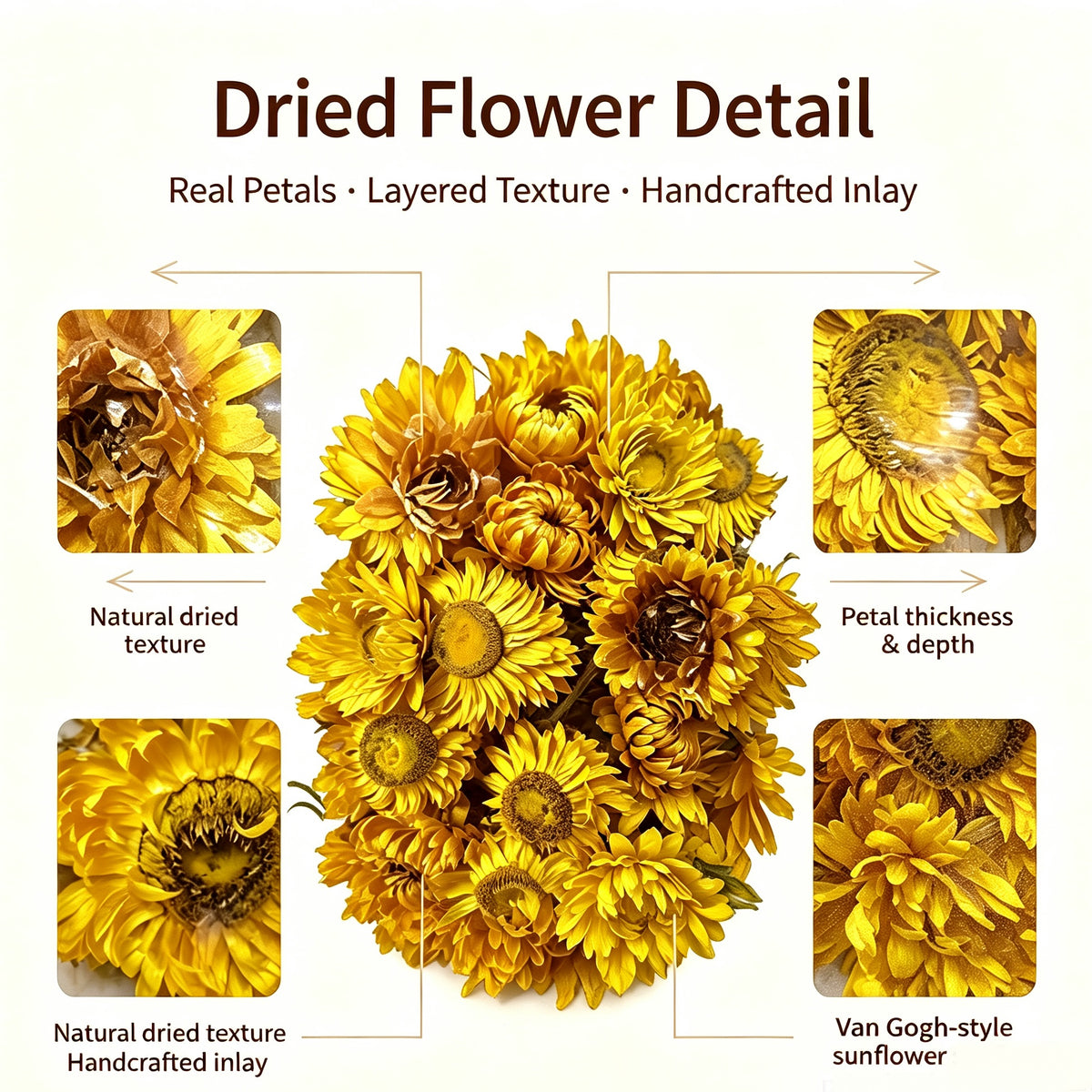 Close-up of real dried sunflower petals layered by hand, Van Gogh palette