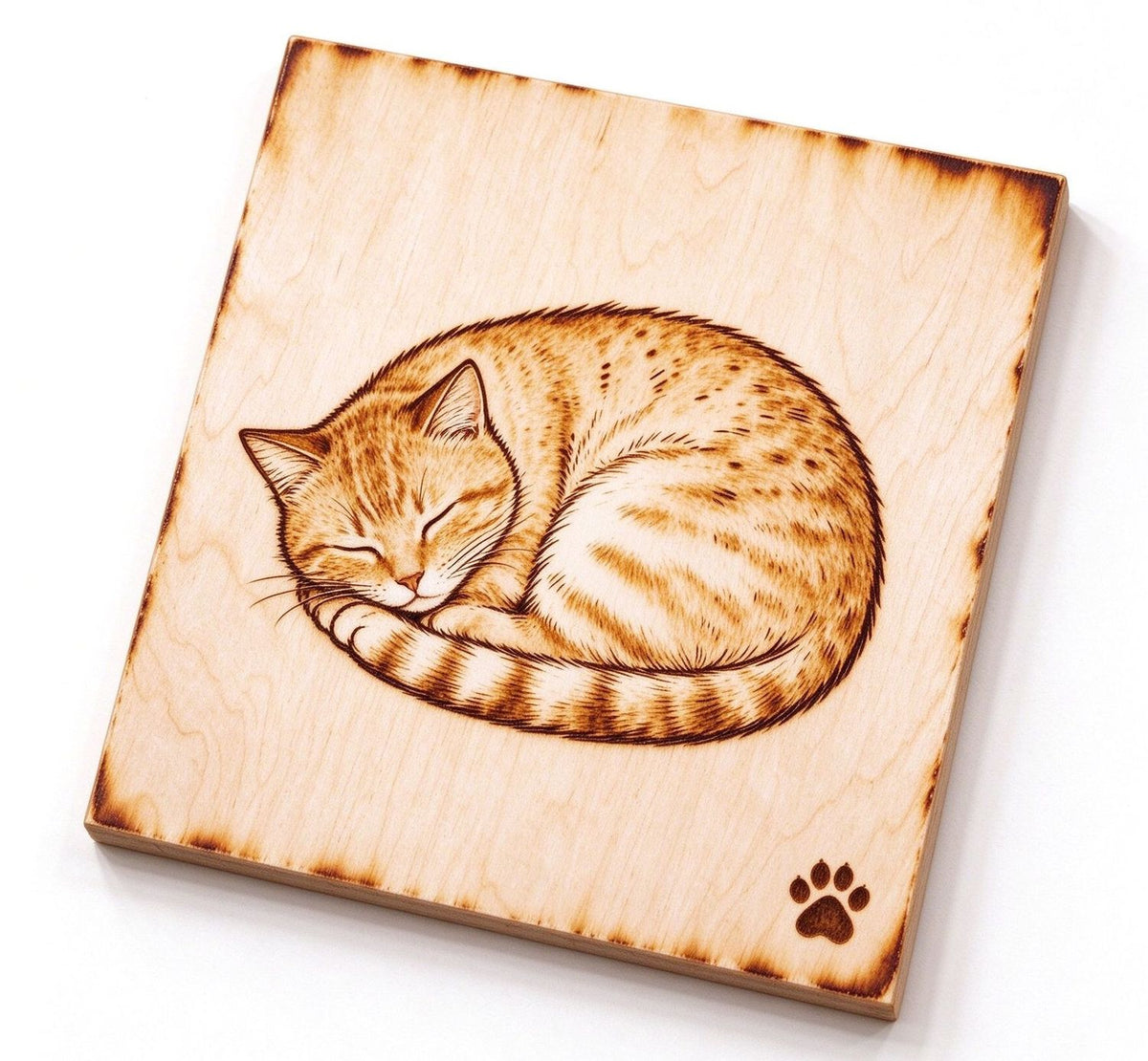  Hand-burned wood memorial of a sleeping cat with paw print, custom pyrography pet portrait