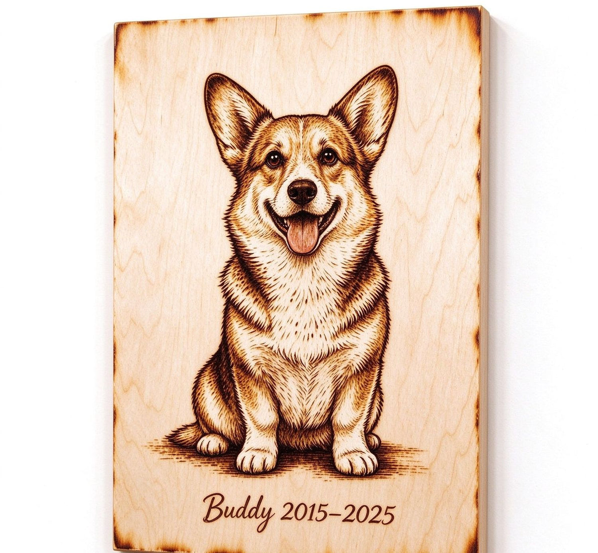 Custom wood-burned pet memorial portrait of a corgi with name and years, hand-burned on basswood