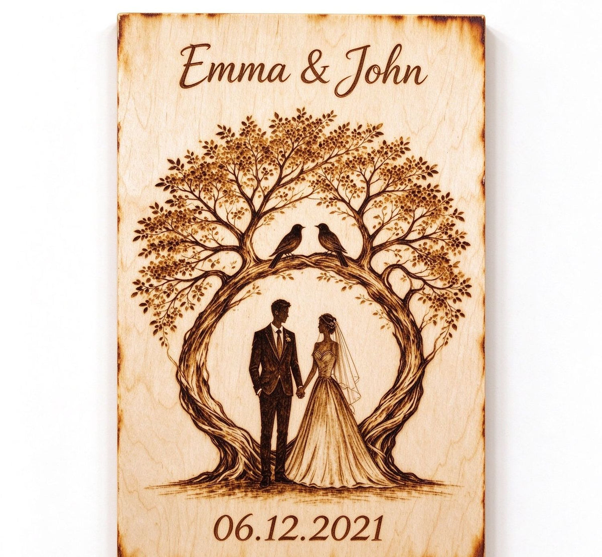 Personalized wedding tree wood burning with two love birds and couple's names, anniversary gift