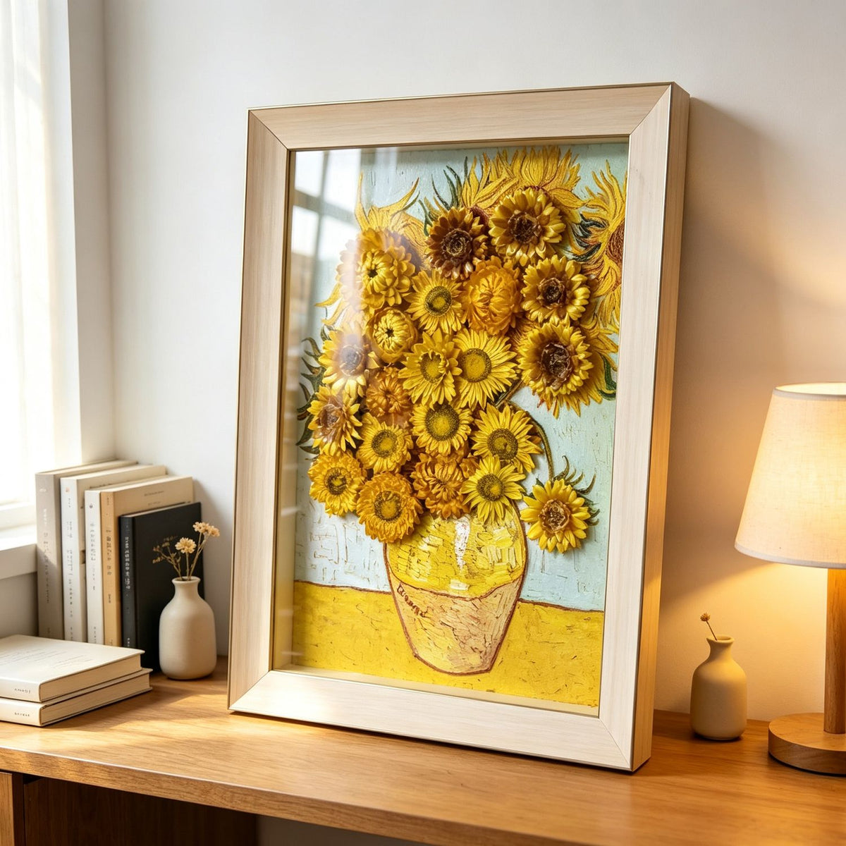 Framed dried sunflower art on a bookshelf, floral home decor gift