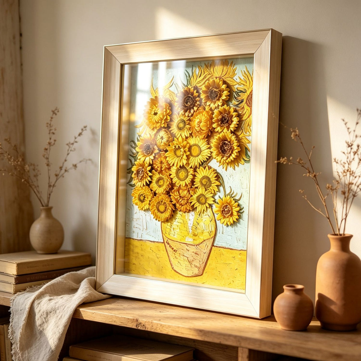 Dried sunflower wall art on a wooden shelf in warm home lighting, botanical decor